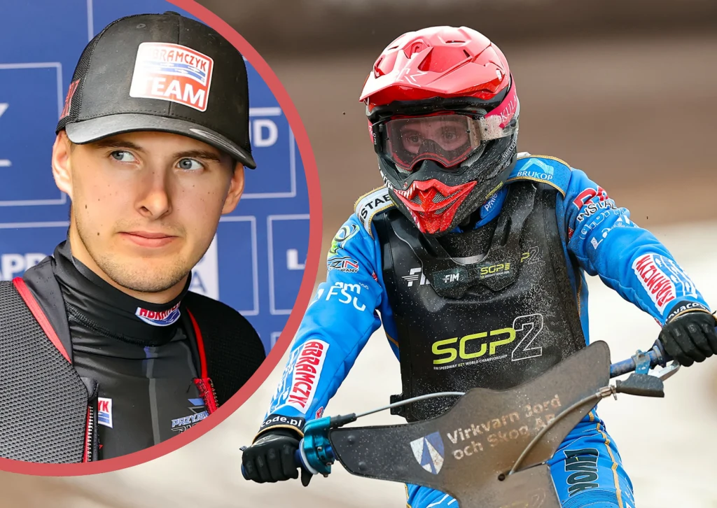 Wiktor Przyjemski musiał podjąć jedną z najtrudniejszych decyzji w karierze. Zdecydował się na transfer do Metalkas 2. Ekstraligi Zbliżenie na młodego żużlowca w kasku i kombinezonie sportowym podczas jazdy na motocyklu na torze. Po lewej stronie dodatkowo widoczne portretowe zdjęcie tego samego zawodnika w czapce i stroju klubowym.