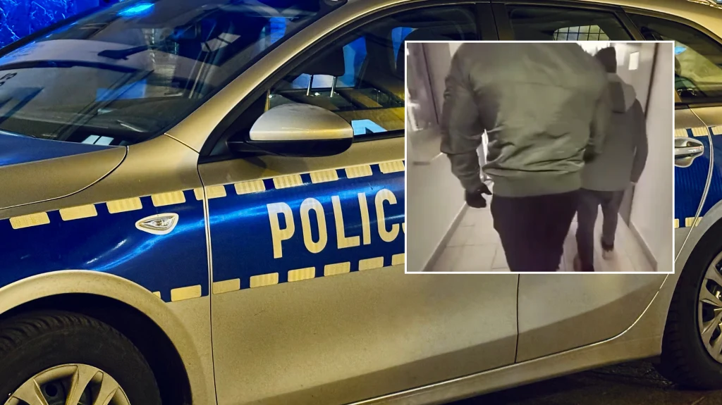 Radiowóz policyjny z wyraźnym napisem 'POLICJA', w rogu zdjęcia wstawka ukazująca dwie osoby w policyjnym korytarzu, widziane od tyłu.