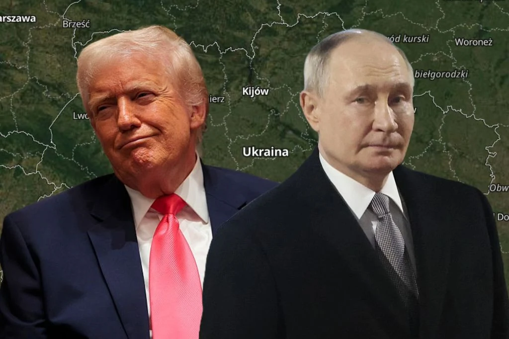 Wojna w Ukrainie. Echa rozmów Rosja-USA Dwóch znanych światowych polityków stoi na tle mapy Europy Wschodniej, z wyeksponowaną nazwą państwa Ukraina. Mężczyźni ubrani elegancko, w garniturach, patrzą przed siebie poważnym wyrazem twarzy. Za nimi widoczne granice i nazwy krajów.