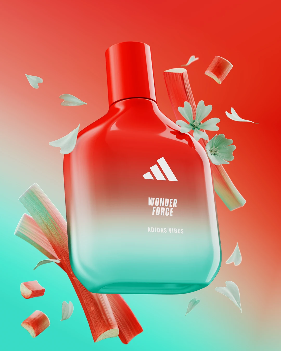 Nowoczesny flakon perfum Adidas Wonder Force utrzymany w czerwono-turkusowej kolorystyce, otoczony kawałkami rabarbaru, zielonymi listkami oraz kwiatami, na tle płynnych przejść kolorów czerwieni i turkusu.