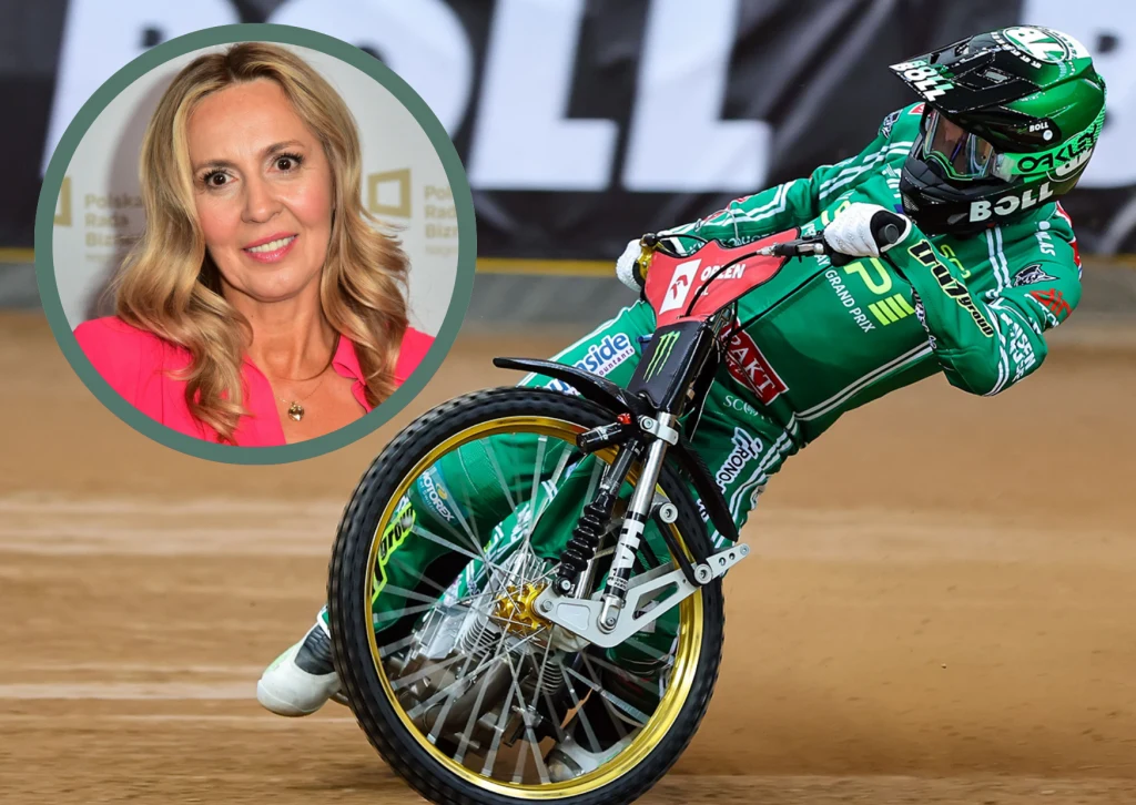 Marta Półtorak wybrała najlepszy transfer okienka. "Żelazna Dama" znowu wszystkich zaskoczyła Zawodnik ubrany w zielony kombinezon motocyklowy jadący po torze żużlowym podczas wyścigu, a w lewym górnym rogu portret kobiety z blond włosami w różowej bluzce na szarym tle.