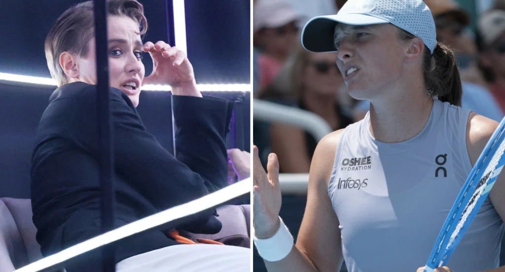 Katarzyna Zillmann, Iga Świątek Dwa kadry: po lewej elegancko ubrana kobieta w czarnym stroju, światła tworzą geometryczne linie wokół niej; po prawej sportsmenka w czapce z daszkiem i sportowym stroju na korcie tenisowym, trzymająca rakietę w dłoni, pokazująca emocje podczas meczu.