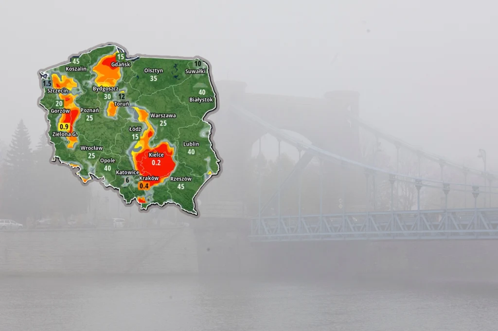 Gęste mgły pojawią się w środę wieczorem. Z tym zjawiskiem w wielu miejscach będziemy się też zmagać w kolejnych dniach Mapa Polski z zaznaczonymi na czerwono i pomarańczowo obszarami wysokiego stężenia smogu oraz liczbowymi wskaźnikami zanieczyszczenia powietrza, w tle widoczny most otoczony gęstą mgłą lub smogiem.