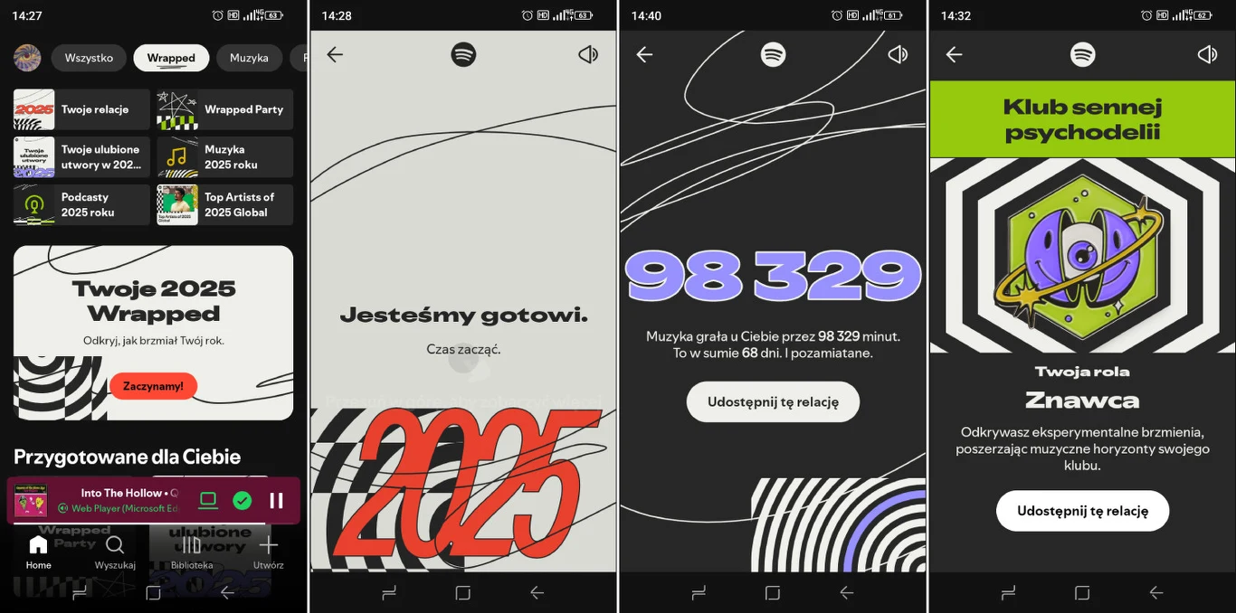 Cztery ekrany z aplikacji Spotify Wrapped prezentujące podsumowanie muzyczne dla użytkownika, liczbę odsłuchanych minut, rok 2025 oraz wyróżnienie w specjalnym klubie miłośników określonego gatunku muzycznego. Dominuje nowoczesna grafika z dużą ilością...