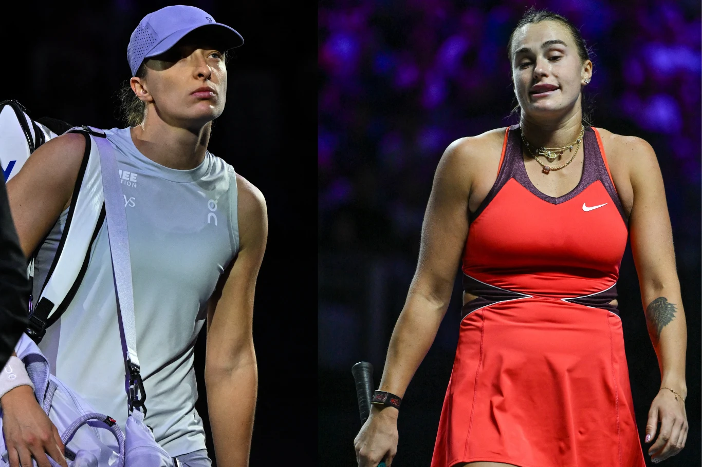 Iga Świątek oraz Aryna Sabalenka - dwie czołowe tenisistki rankingu WTA Dwie kobiety, ubrane w sportowe stroje tenisowe, stoją na korcie tenisowym. Po lewej stronie kobieta trzyma torbę sportową i ma założoną czapkę z daszkiem, a po prawej druga zawodniczka w czerwonej sukience, z rakietą w dłoni, prezentuje emocjonalną mi...