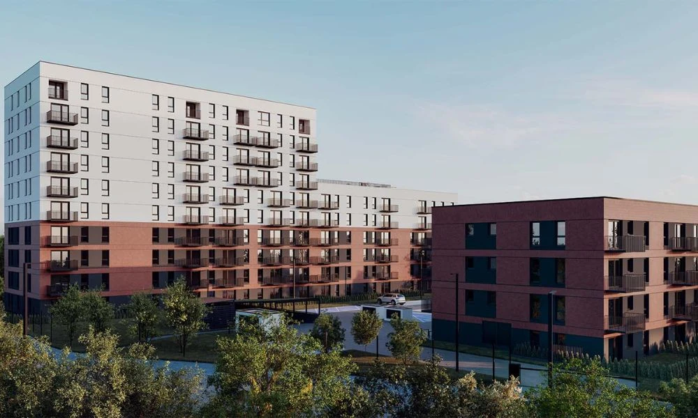 Nowoczesne blokowisko składające się z kilku wielopiętrowych budynków, z elewacjami w odcieniach bieli i cegły, otoczone zielenią oraz uliczkami z pojedynczymi samochodami.