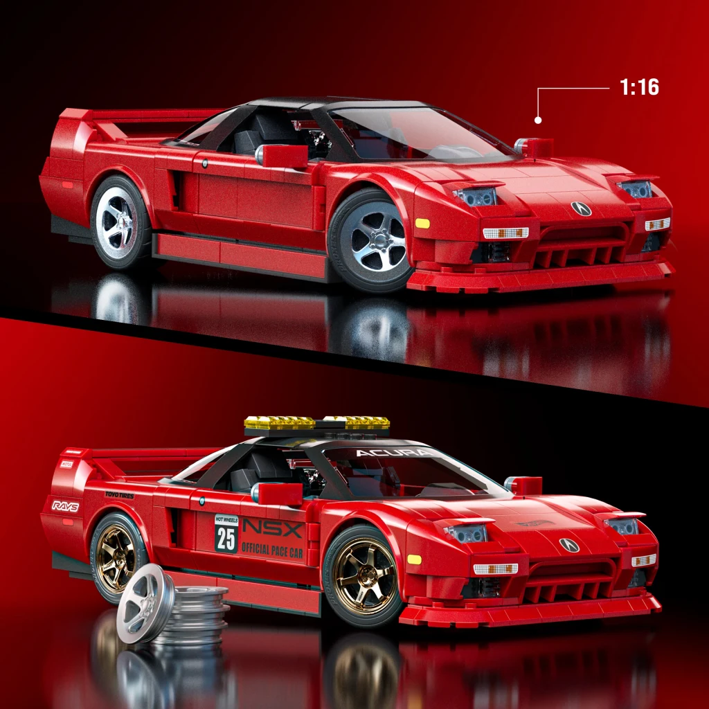 Acura NSX z serii Mattel Brick Shop Dwa modele samochodu sportowego Acura NSX w czerwonym kolorze, wykonane z klocków do składania, prezentowane na tle czerni i czerwieni. Jeden model jest wyścigową wersją z dodatkowymi detalami i oznaczeniami, a obok niego znajdują się wymienne koła.