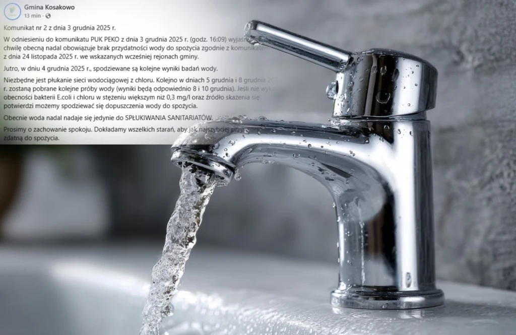 Srebrny kran z wypływającą strugą wody na pierwszym planie, na tle rozmytej ściany z kafelków. W lewej górnej części obraz zawiera fragment oficjalnego komunikatu dotyczącego jakości wody w gminie.
