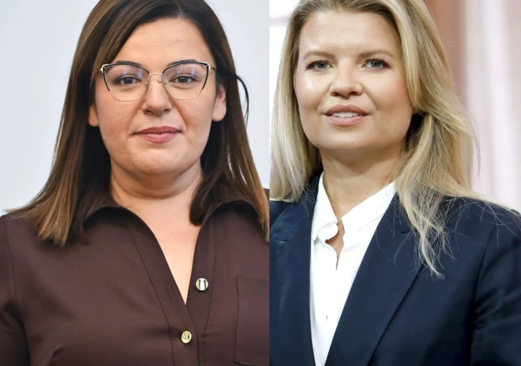 Dwie kobiety w średnim wieku ustawione obok siebie, po lewej kobieta w okularach i brązowej koszuli, po prawej kobieta w granatowej marynarce i białej bluzce. Każda z nich patrzy spokojnie w stronę obiektywu, tło jest jasne i neutralne.