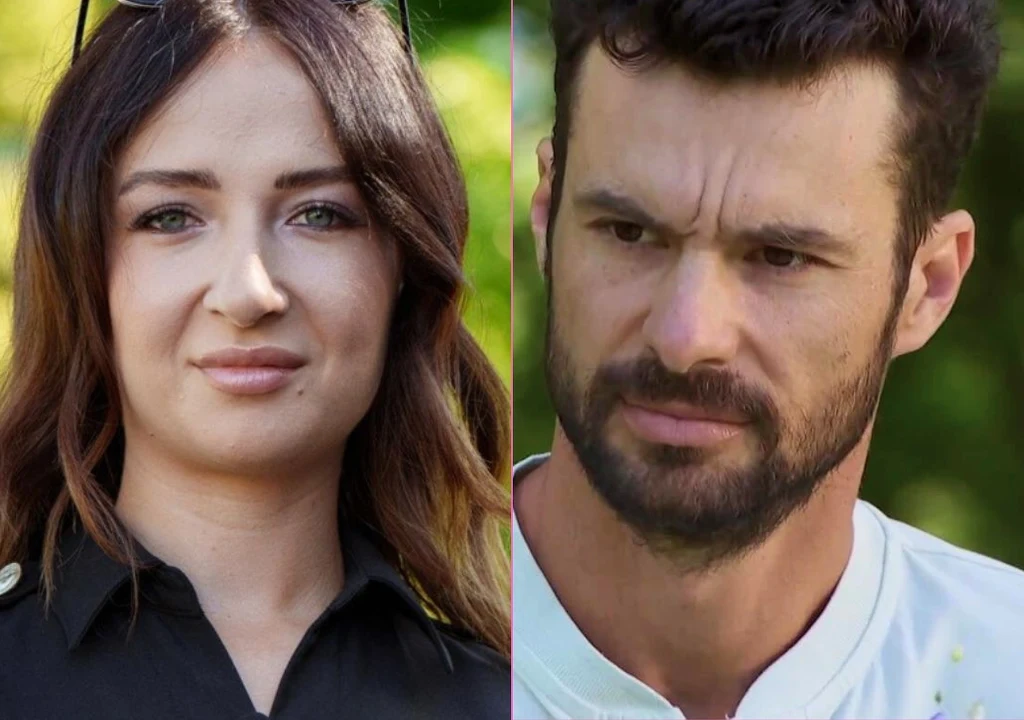 Roland i Karolina z "Rolnik szuka żony" Dwie osoby, kobieta z długimi włosami o brązowym odcieniu i mężczyzna z krótkimi, ciemnymi włosami i zarostem, patrzące w różne strony, na jednolitym tle z elementami zieleni.