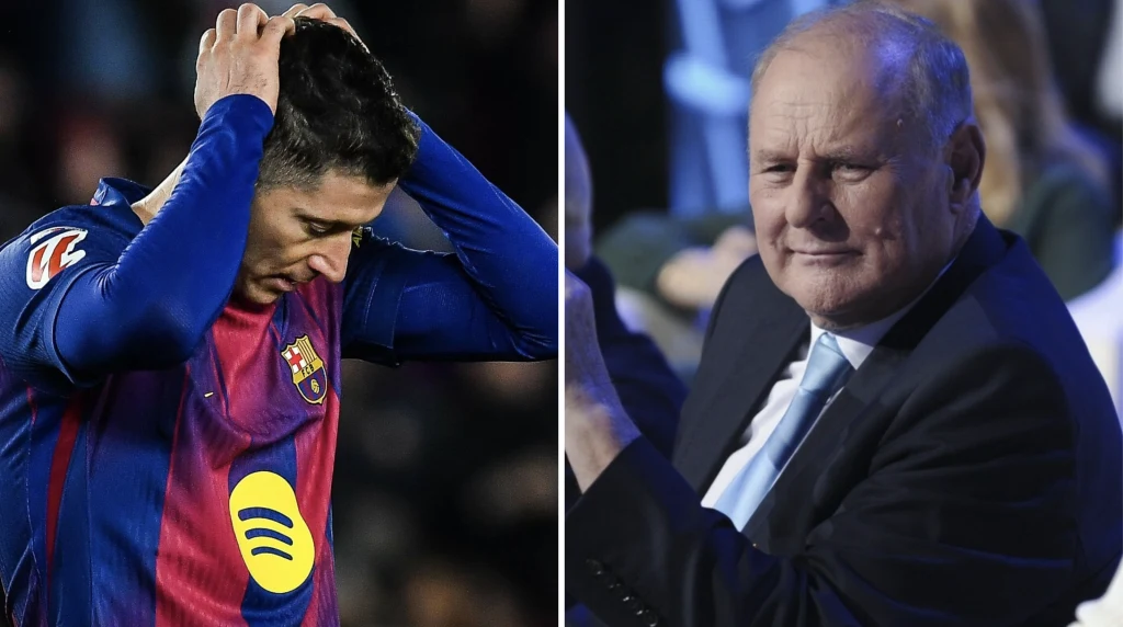 Jan Tomaszewski wbił szpileczkę Robertowi Lewandowskiemu Po lewej sportowiec w stroju piłkarskim z logo FC Barcelony i Spotify, trzymający ręce na głowie w geście rozczarowania. Po prawej starszy mężczyzna w garniturze, siedzący, z wyrazem aprobaty na twarzy.