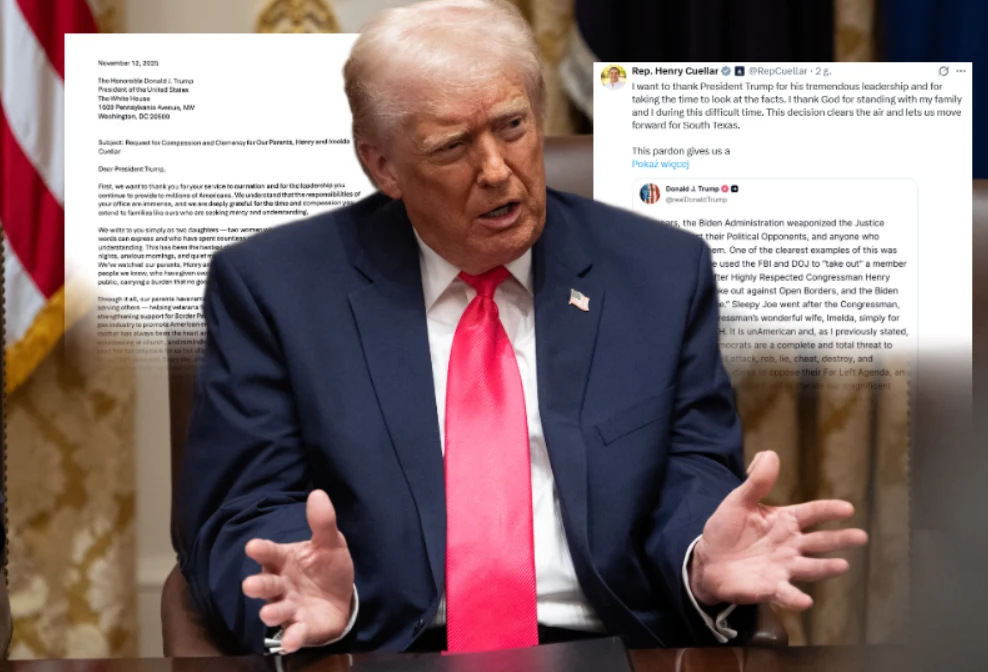 Donald Trump ułaskawił demokratę. "Możesz spać spokojnie" Były prezydent Stanów Zjednoczonych, Donald Trump, siedzi przy stole i gestykuluje rękami, ubranego w ciemny garnitur z białą koszulą i czerwoną krawatą, na tle rozmytych dokumentów i wpisów z mediów społecznościowych związanych z polityką.