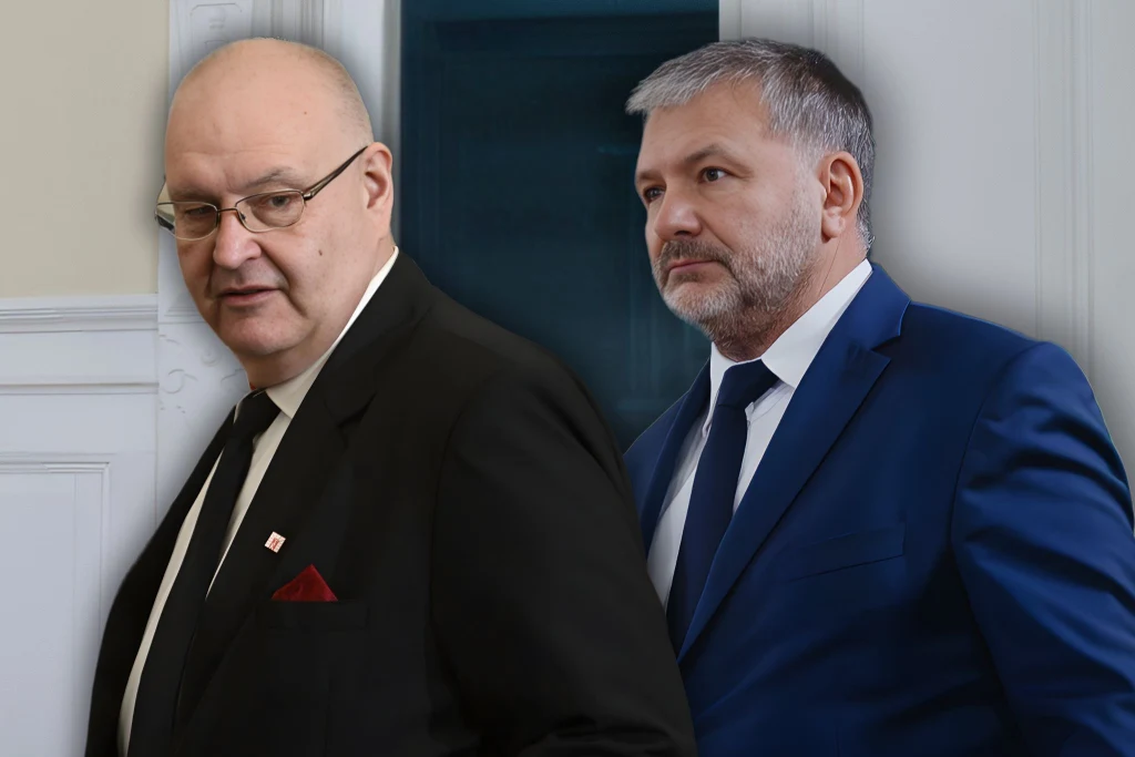 Trybunał Konstytucyjny reaguje na zapowiedź ministra Waldemara Żurka Dwóch mężczyzn w garniturach stoi obok siebie na tle jasnego wnętrza, jeden w czarnym garniturze z czerwoną poszetką, drugi w granatowym garniturze z białą koszulą.