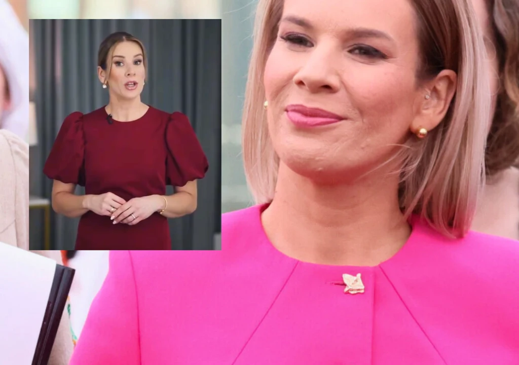 Marta Nawrocka Dwie kobiety, jedna w różowym stroju z jasnymi włosami, druga w bordowej sukience z lekko spiętymi włosami w okienku wstawionym w lewym górnym rogu kadru. Obie uśmiechnięte i zadbane.