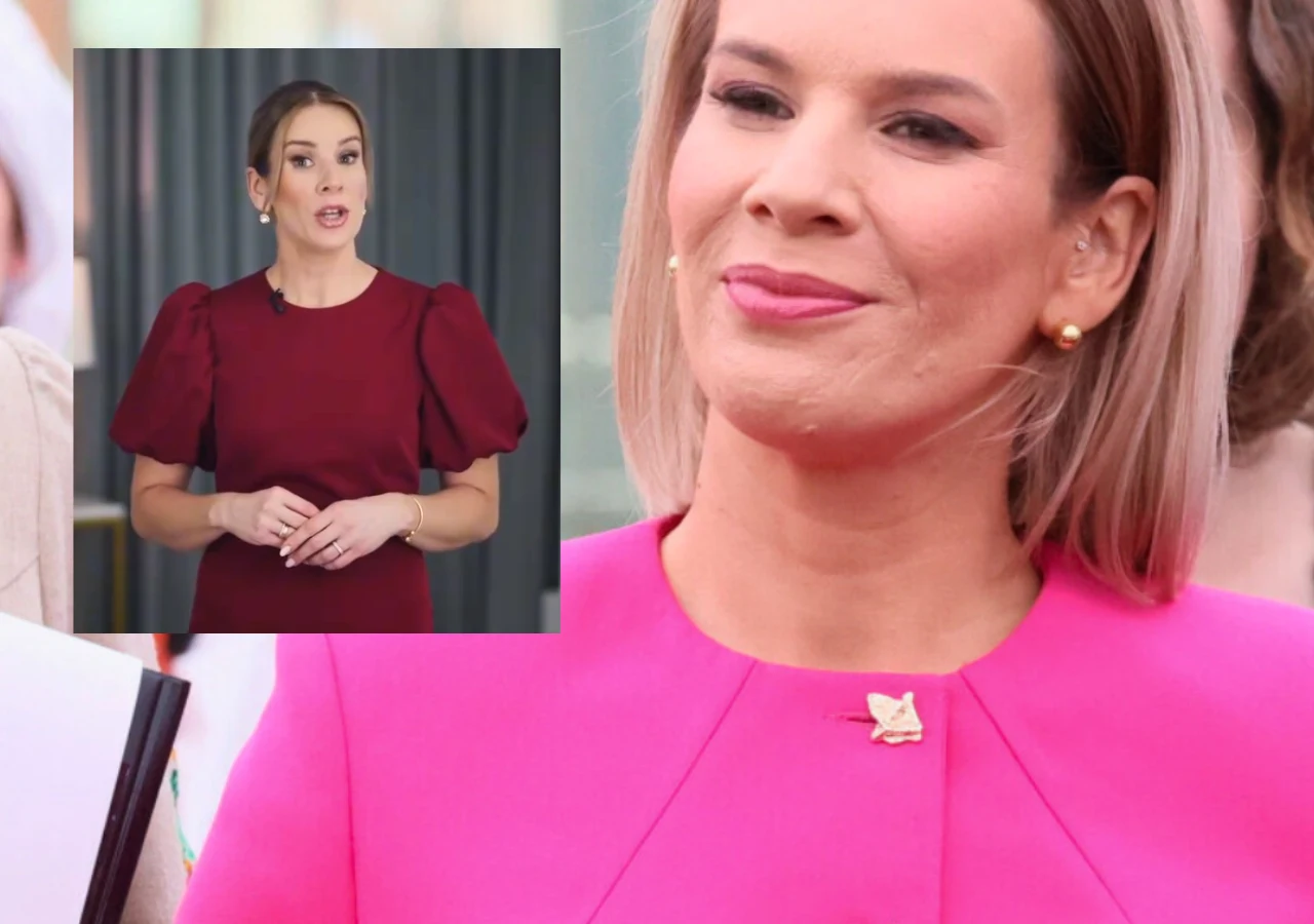 Dwie kobiety, jedna w różowym stroju z jasnymi włosami, druga w bordowej sukience z lekko spiętymi włosami w okienku wstawionym w lewym górnym rogu kadru. Obie uśmiechnięte i zadbane.