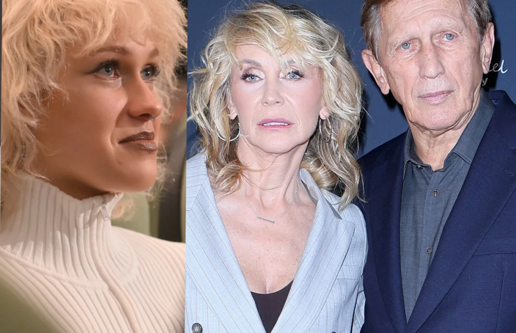 Helena Englert, Beata Ścibakówna i Jan Englert Trzy osoby, po lewej młoda kobieta o jasnych włosach w białym swetrze, po prawej para w średnim wieku, kobieta z falowanymi blond włosami i mężczyzna w ciemnej marynarce, wszyscy patrzą lekko w bok.