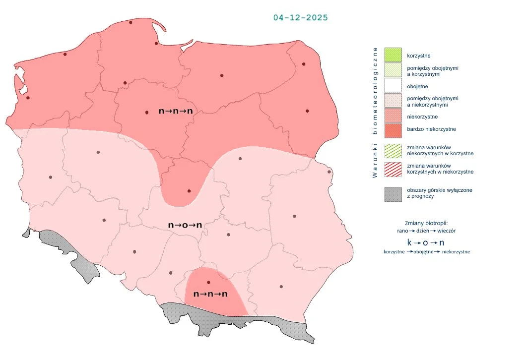 W czwartek nigdzie pogoda nie będzie wpływać korzystnie na nasz organizm Mapa biometeorologiczna Polski pokazująca prognozowane warunki biometeorologiczne na dany dzień według regionów, z zastosowaniem różnych odcieni różu i zieleni, wraz z legendą wyjaśniającą znaczenie kolorów oraz symboli wskazujących korzystność bądź ni...