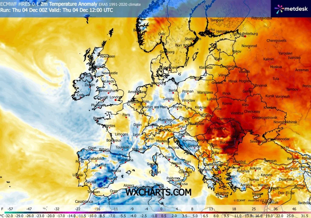 Wciąż mamy do czynienia z dużą anomalią temperatury. W czwartek najcieplej będzie na południowym wschodzie Mapa Europy z zaznaczonymi anomaliami temperatury na tle średnich z lat 1991–2020, widoczne wyraźne podwyższenie temperatur w Europie Wschodniej i Południowej oraz niższe wartości temperatury na zachodzie kontynentu.