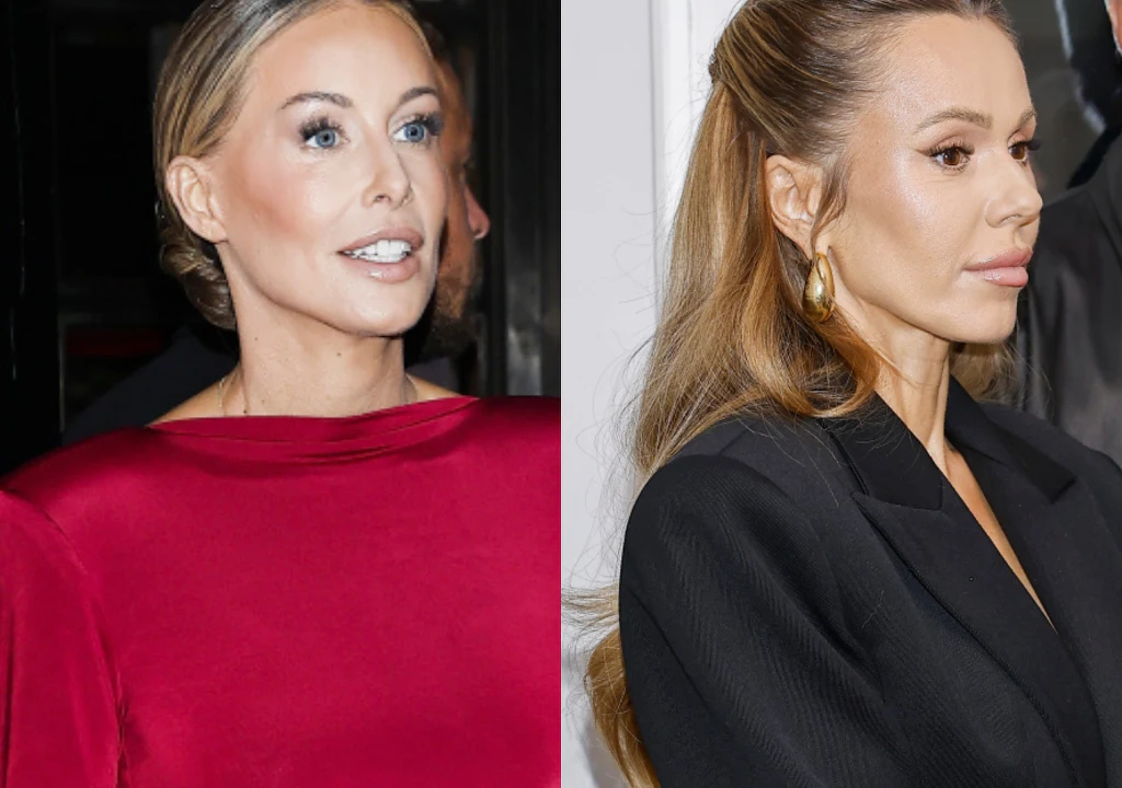 Małgorzata Rozenek Majdan, Doda Dwie kobiety z jasnymi włosami, pierwsza w czerwonej kreacji, druga w eleganckiej czarnej marynarce, obie z włosami zaczesanymi do tyłu, przedstawione na neutralnym tle.