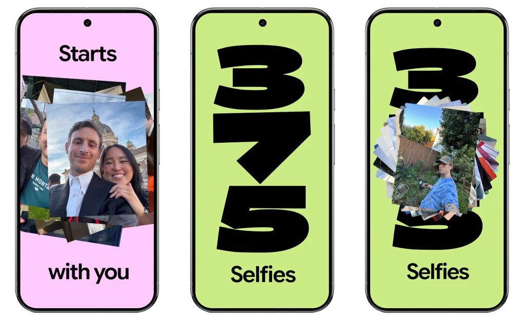 Trzy smartfony z wyświetlonymi kolażami własnych zdjęć selfie, z dużymi cyframi 375 na dwóch z nich oraz napisami sugerującymi liczbę wykonanych autoportretów.