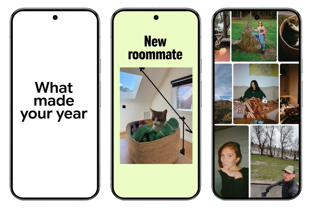 Trzy smartfony, na których ekranach widoczne są kolejno: biały ekran z napisem 'What made your year', zdjęcie kota siedzącego w koszu we wnętrzu mieszkania z napisem 'New roommate' oraz kolaż kilku zdjęć przedstawiających ludzi, kota i plenery.