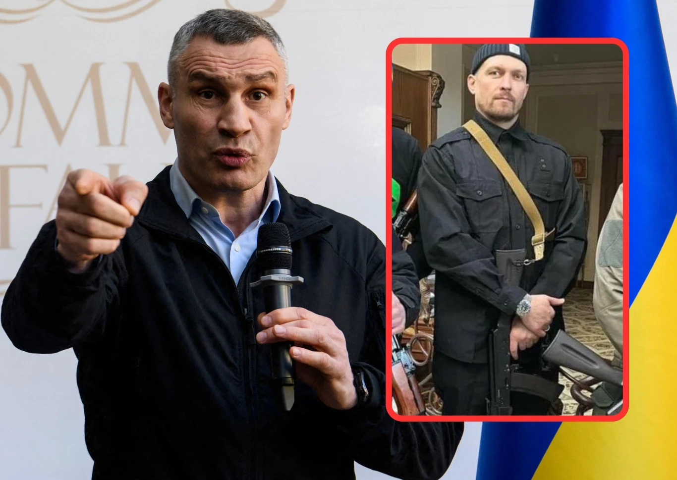 Ołeksandr Usyk zapewnia, że chciał walczyć o wolność Ukrainy. Dał się przekonać, że jego sportowe zwycięstwa w ringu spełnią niebagatelną rolę Mężczyzna w garniturze trzyma mikrofon i wskazuje palcem, w tle widoczna częściowo flaga Ukrainy. Obok w ramce drugi mężczyzna ubrany na czarno, trzyma broń i nosi czapkę.