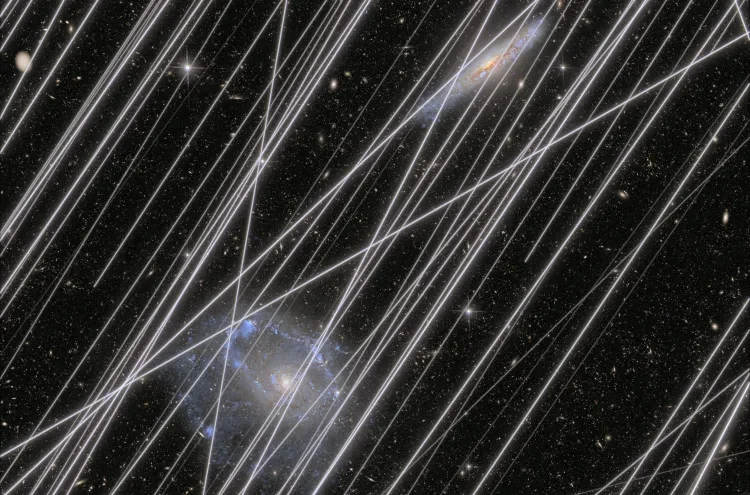 Galaktyki na tle rozgwieżdżonego nieba przecięte jasnymi liniami będącymi śladami przelatujących satelitów lub śmieci kosmicznych, dominujące błękitno-szare barwy oraz kontrastujące ze sobą elementy astronomiczne i techniczne.