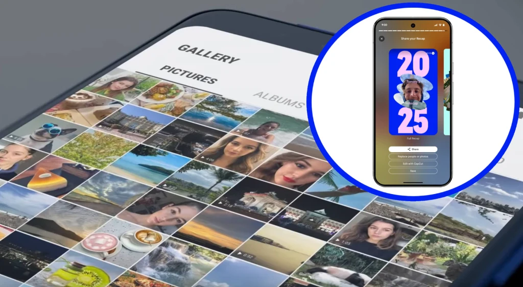 Smartfon z wyświetloną galerią zdjęć, wśród których dominują selfie i krajobrazy; po prawej stronie w powiększeniu widoczny ekran z edycją fotografii na tle kolorowej grafiki z napisem 2025.