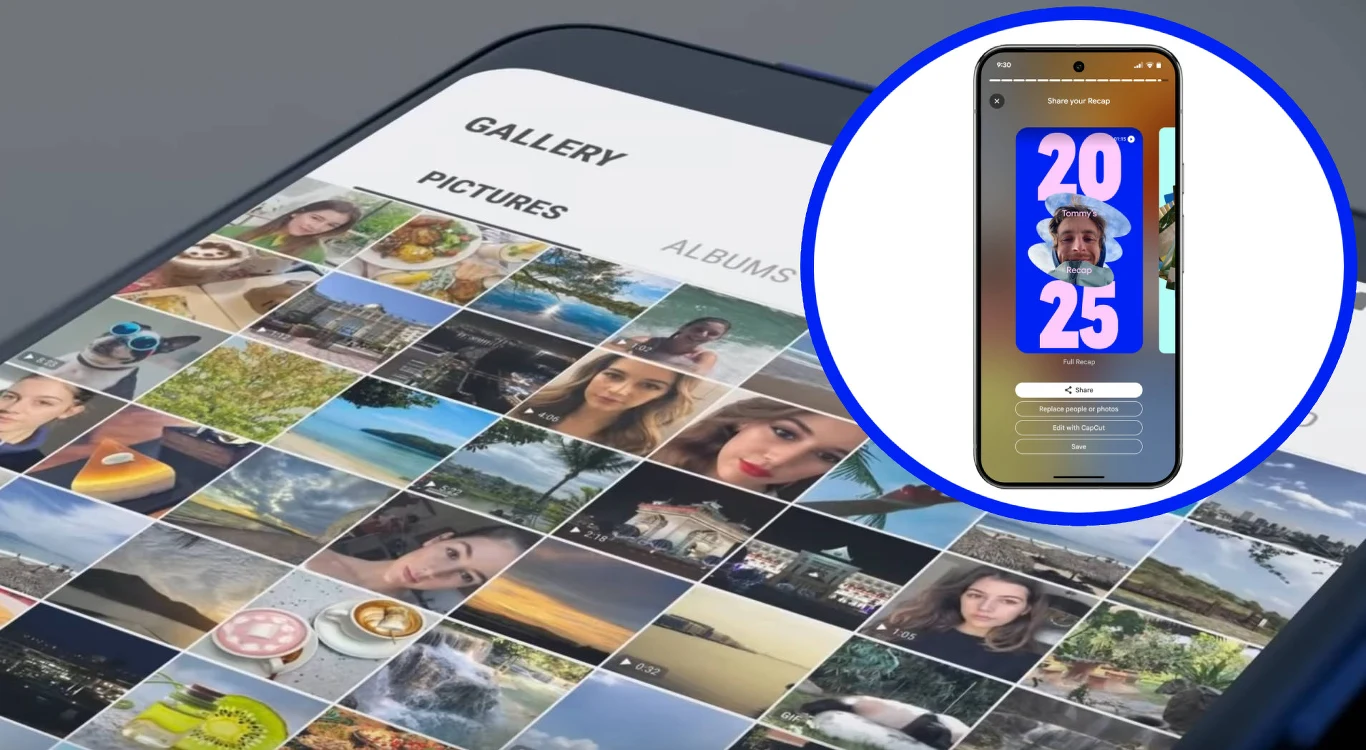 Smartfon z wyświetloną galerią zdjęć, wśród których dominują selfie i krajobrazy; po prawej stronie w powiększeniu widoczny ekran z edycją fotografii na tle kolorowej grafiki z napisem 2025.