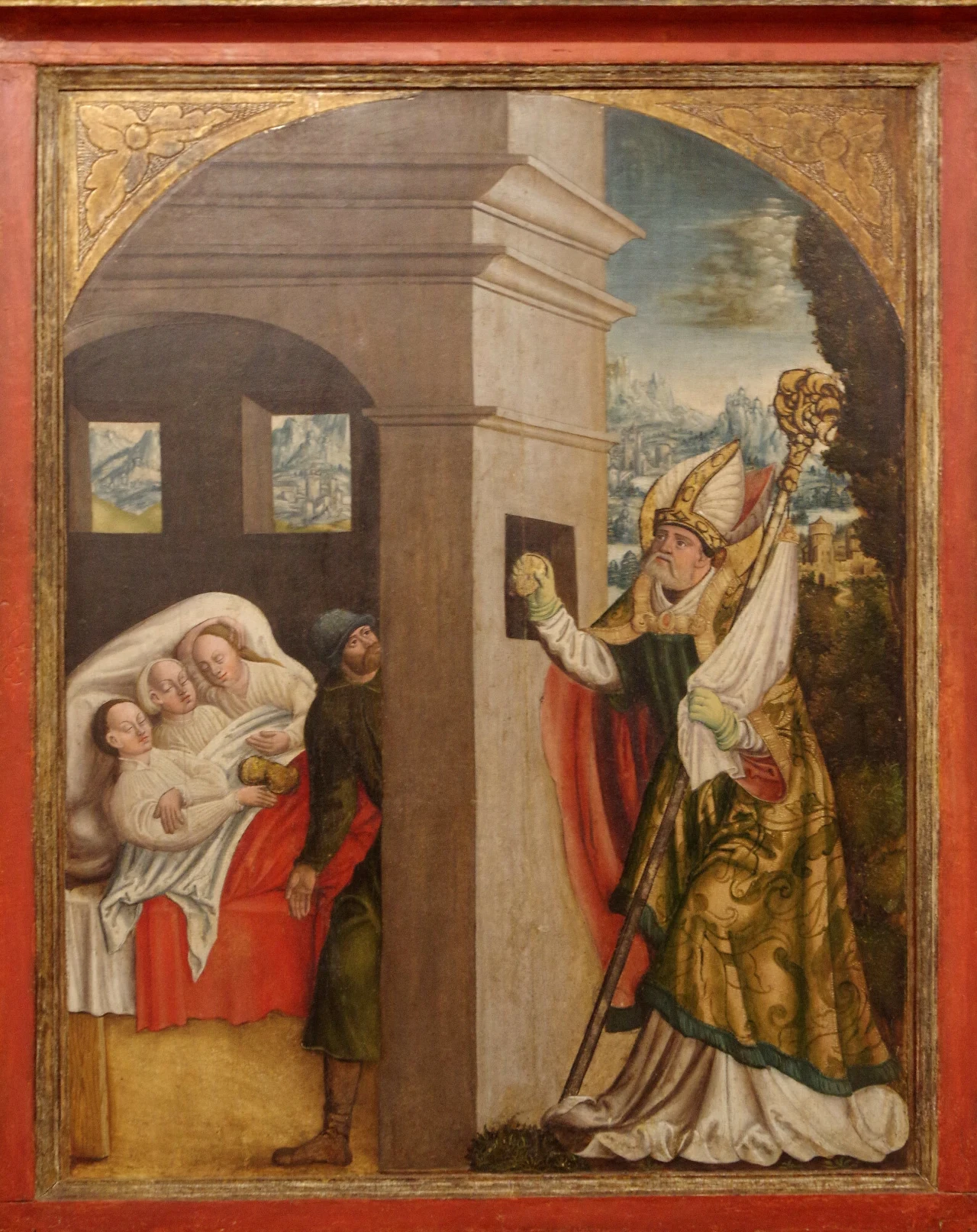 Tryptyk św. Mikołaja, Lipnica Murowana, ok. 1520-1530, kościół św. Leonarda. Pole środkowe przedstawia św. Mikołaja obdarowującego trzy spiące ubogie panny.