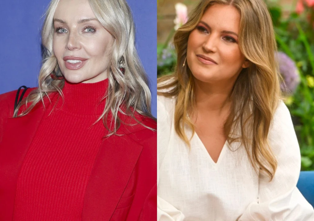 Agnieszka Woźniak-Starak i Krystyna Sokołowska Dwie kobiety, każda sfotografowana osobno na tle w różnych kolorach, jedna w czerwonym swetrze i marynarce, druga w białej bluzce, obie z jasnymi, rozpuszczonymi włosami i delikatnym makijażem.