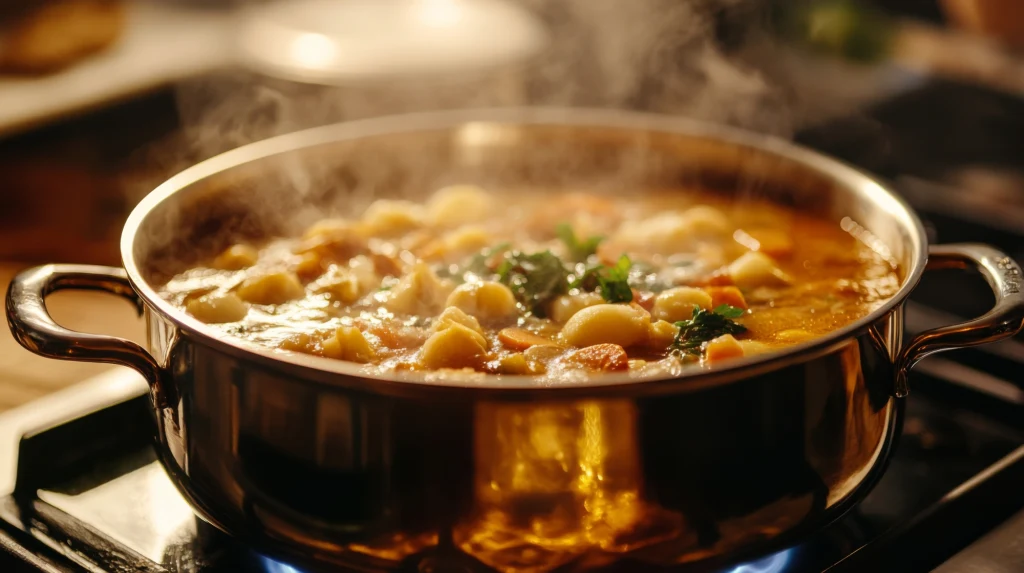 Przepis na gumbo różni się od siebie w każdej rodzinie Gorący garnek pełen zupy gotującej się na kuchence, unosząca się para nad powierzchnią bulionu z widocznymi kawałkami warzyw i świeżymi ziołami służącymi jako dekoracja.