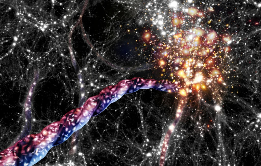 Kolorowa wizualizacja ukazuje kosmiczną sieć z jasnymi punktami symulującymi galaktyki oraz spiralną strukturą przypominającą włókno rozświetlone energią. Głównym motywem są dynamicznie rozświetlone skupiska materii i światła.