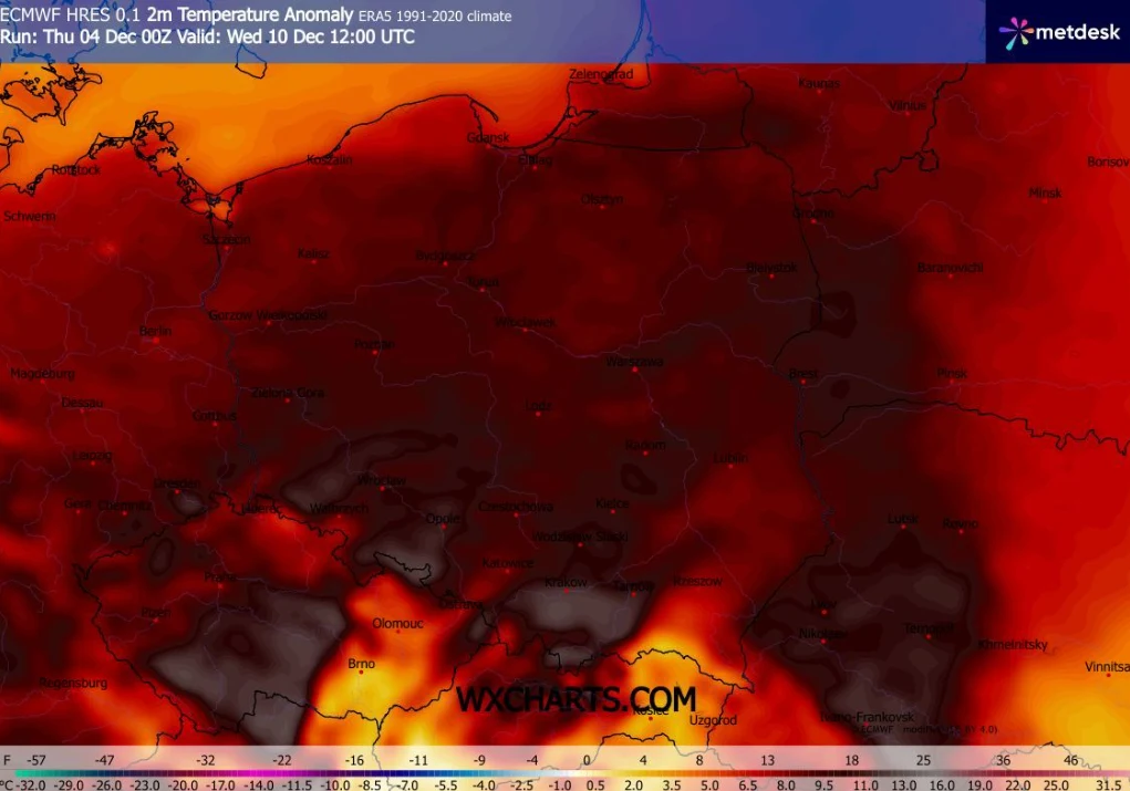 W środę w całej Polsce czeka nas zdecydowana anomalia temperatury. Najcieplej będzie na południowym zachodzie Mapa przedstawia anomalię temperatur na obszarze Polski, Czech i Słowacji z kolorystyczną skalą odcieni czerwieni i pomarańczu pokazującą odchylenia od średniej w stopniach Celsjusza. Ciemniejsze obszary wskazują większe anomalie, szczególnie wyraźne n...
