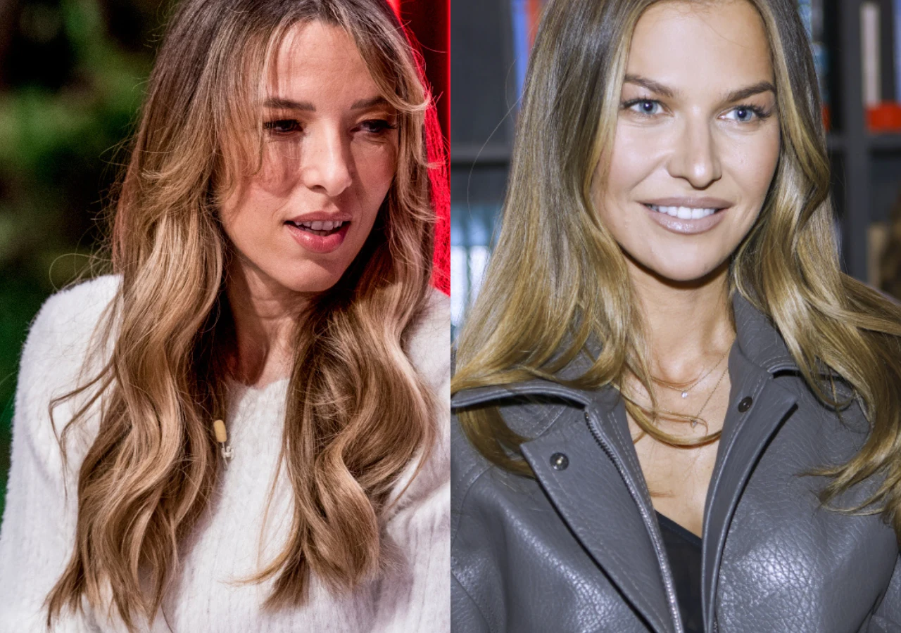 Ewa Chodakowska, Anna Lewandowska Dwie kobiety z długimi, falującymi włosami, jedna w białym swetrze na tle zieleni, druga w szarej, skórzanej kurtce na tle książek. Obie uśmiechnięte, wyraźnie widoczne są ich twarze i naturalny makijaż.