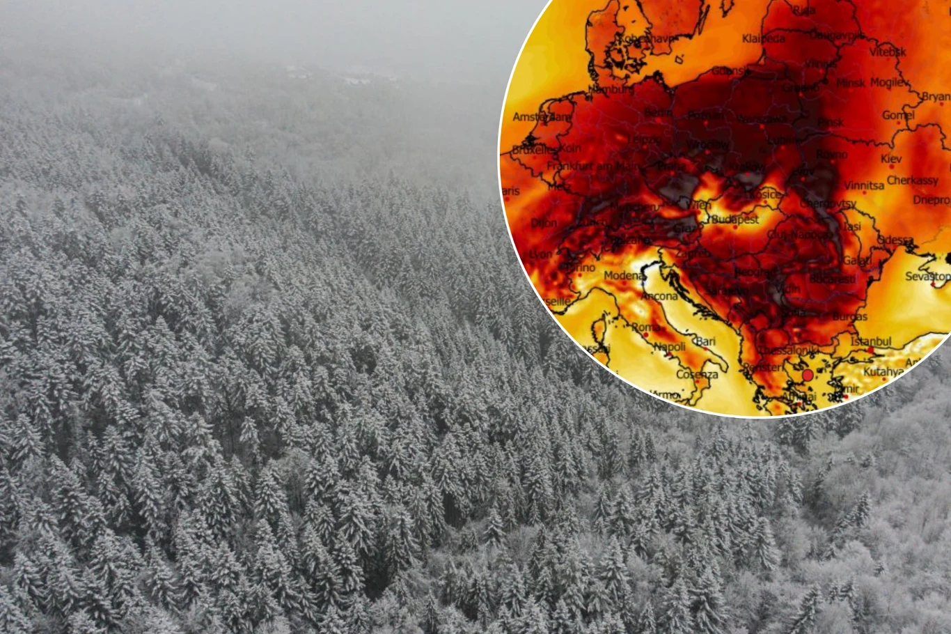 Śnieg w najbliższym czasie utrzyma się najprawdopodobniej tylko w górach. Czeka nas zdecydowane ocieplenie i za dnia może być około 15 stopni Celsjusza - prognozuje IMGW Gęsty las pokryty śniegiem, z dronowej perspektywy, w prawym górnym rogu znajduje się okrągła wstawka prezentująca mapę Europy z zaznaczonym na czerwono obszarem wysokich temperatur.