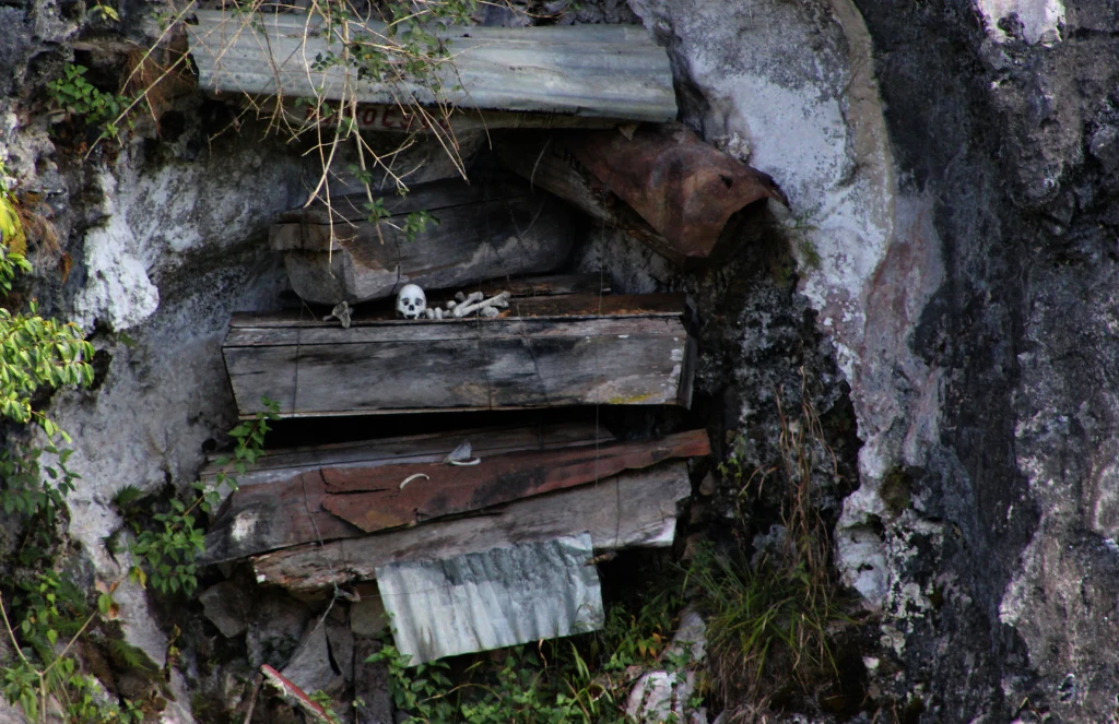 Drewniane konstrukcje zamocowane w skale, na górnej półce widoczne ludzkie szczątki i czaszka, całość otoczona roślinnością i szarą powierzchnią skalną.