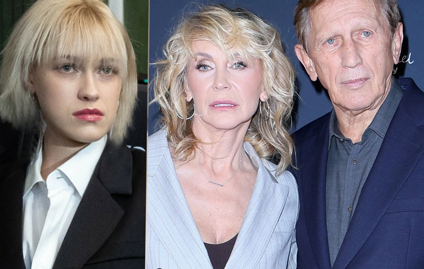 Helena Englert, Beata Ścibakówna oraz Jan Englert Po lewej stronie młoda kobieta w blond włosach i czarnym żakiecie, po prawej para starszych osób, kobieta z jasnymi falowanymi włosami i mężczyzna w ciemnej marynarce, pozujący wspólnie na tle ściany.