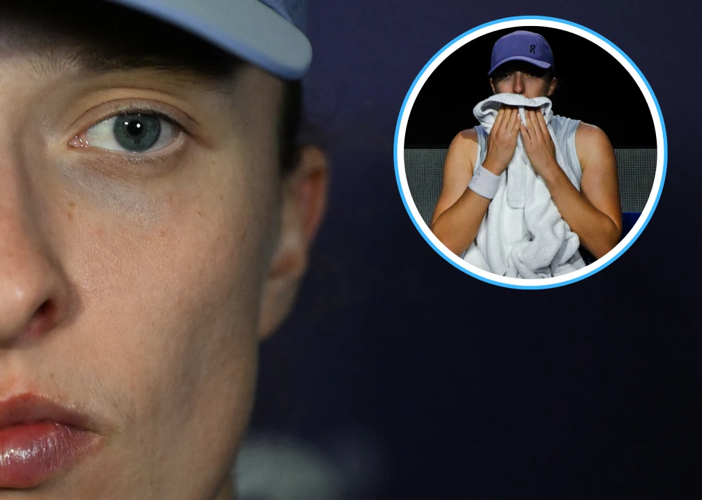 Iga Świątek Zbliżenie twarzy sportowca w czapce z widocznym jednym okiem, w prawym górnym rogu okrągłe powiększenie prezentujące tę samą osobę trzymającą przy twarzy biały ręcznik.