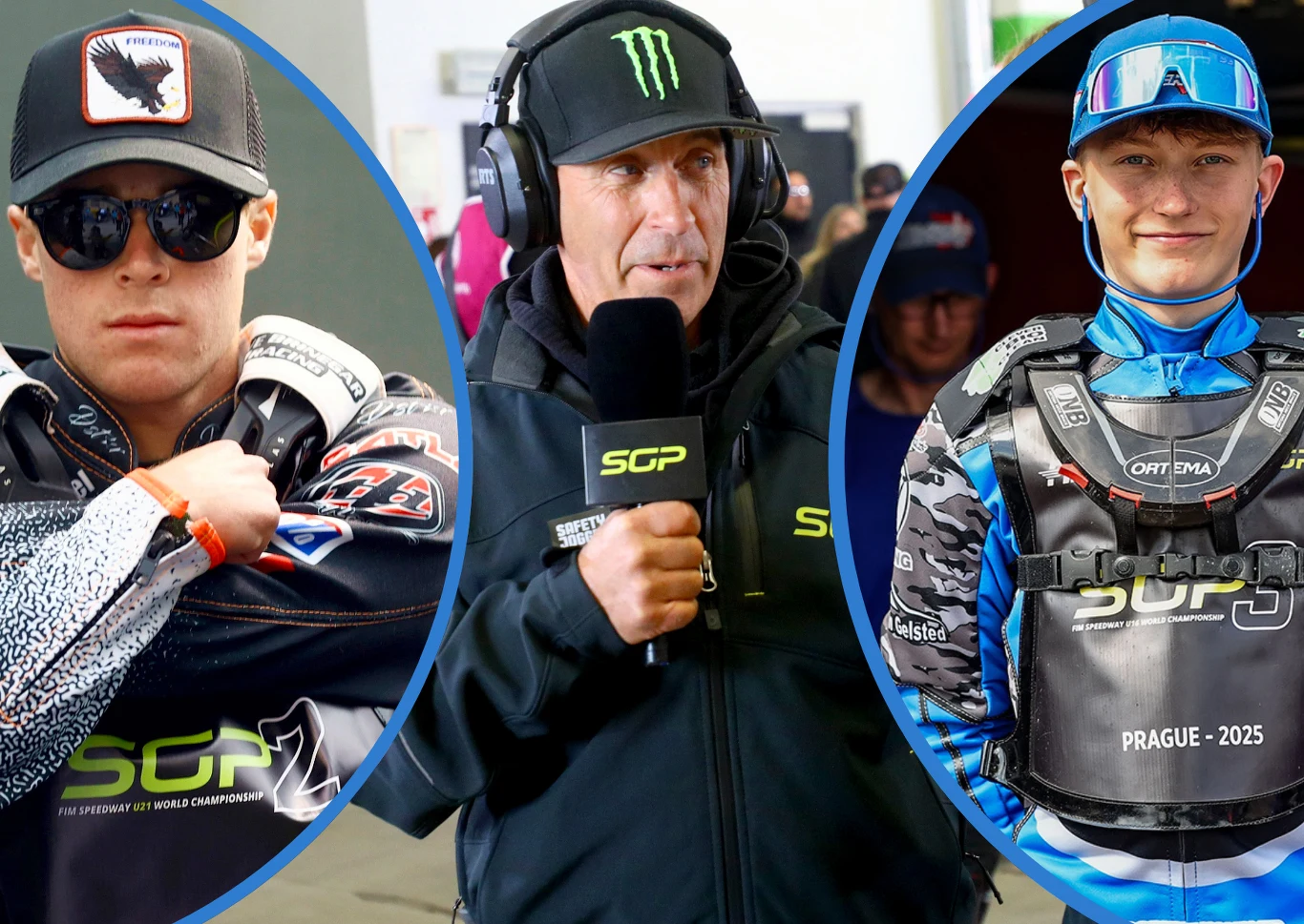 Trzy osoby związane ze sportem motorowym, po lewej sportowiec w okularach przeciwsłonecznych i czapce z daszkiem, pośrodku reporter z mikrofonem w słuchawkach i czapce z logo Monster Energy, po prawej młody zawodnik w profesjonalnym stroju ochronnym z ...