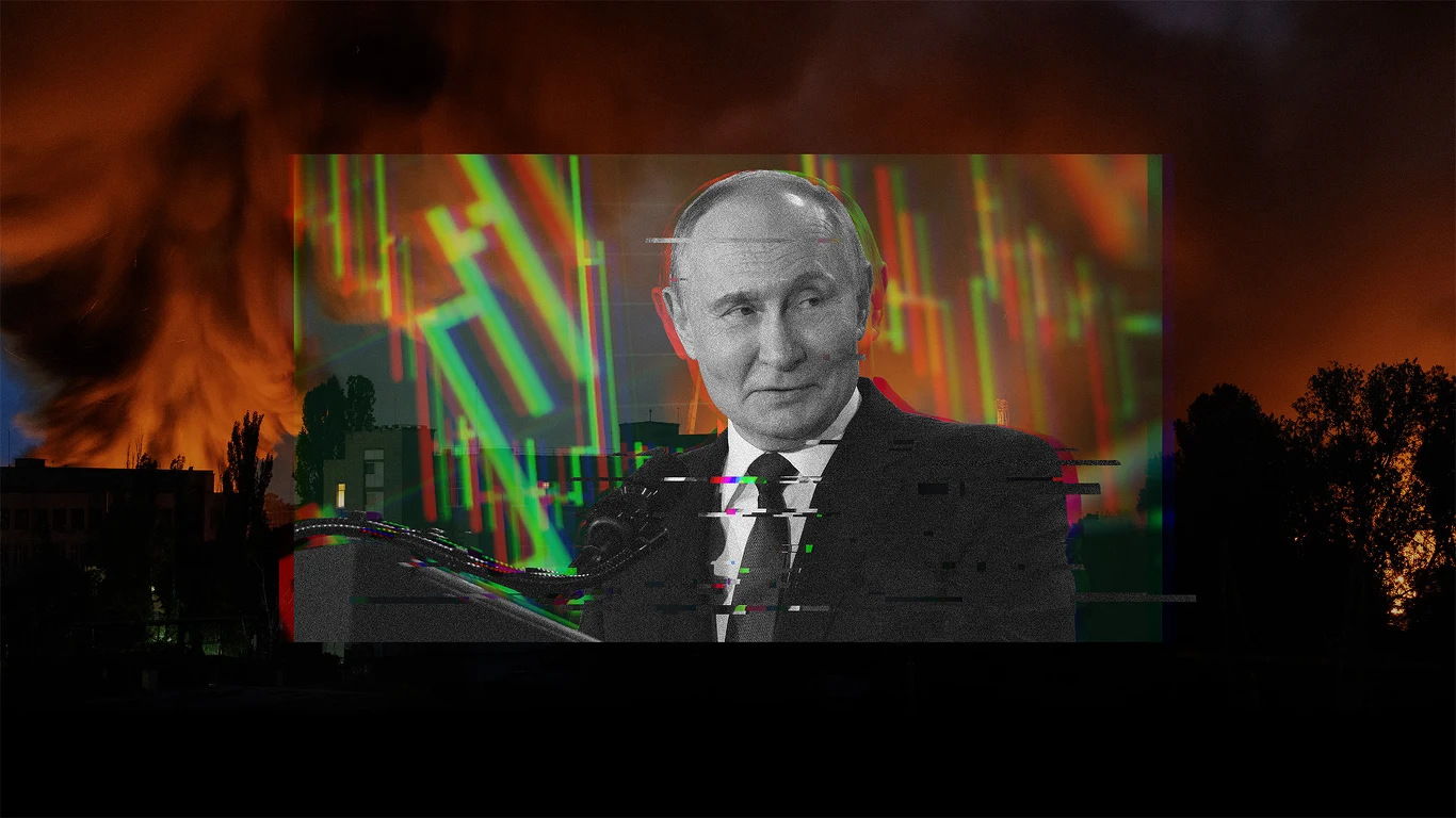 Władimir Putin uważa, że okoliczności mu sprzyjają. Grafika: Aleksandra Włodarczyk Czarno-biały portret mężczyzny w garniturze na tle kolorowych wykresów giełdowych z zakłóceniami cyfrowymi, kompozycja nałożona na obraz płonącego miasta z ciemnymi sylwetkami drzew.