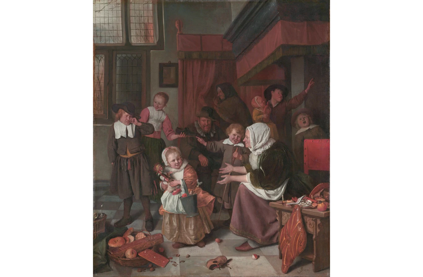 Rodzina z małymi dziećmi i dorosłymi w przestronnym wnętrzu domu. Dzieci bawią się zabawkami, starsza kobieta dba o najmłodszych, mężczyźni oraz kobiety obserwują różne sceny codziennego życia. Na podłodze leżą owoce i zabawki, a wnętrze rozświetlają d...