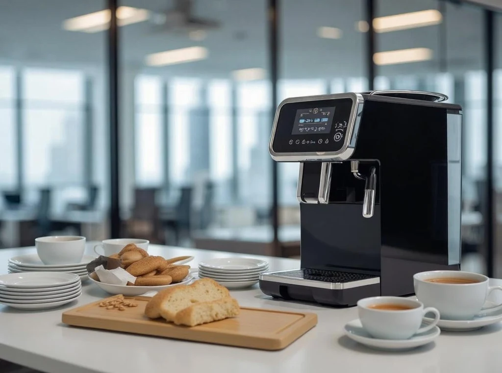 Nowoczesny ekspres do kawy ustawiony na stole w biurze, obok miseczka z ciastkami, deska z pieczywem, filiżanki z kawą i stos talerzy; w tle przeszklone ściany i rozmazany widok miasta.