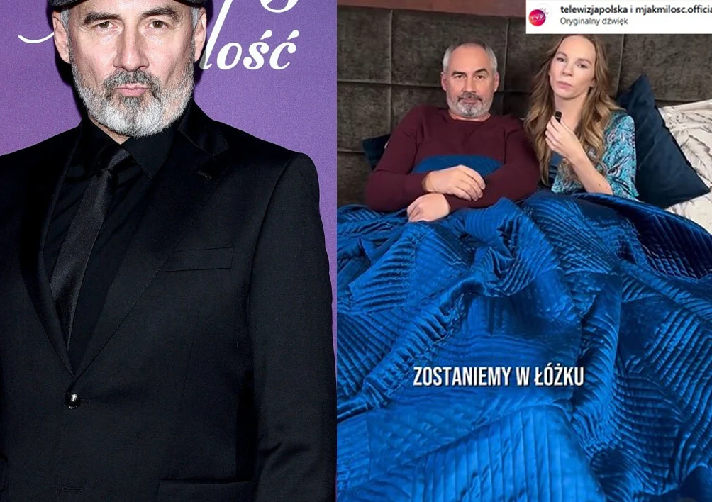 Kopczyński i Turnau razem w łóżku Po lewej stronie kadru elegancko ubrany mężczyzna z siwą brodą w ciemnym garniturze i kapeluszu, na tle purpurowej ściany z napisem. Po prawej stronie ten sam mężczyzna i kobieta siedzący pod niebieską narzutą w łóżku, patrzący w stronę aparatu, kobiet...