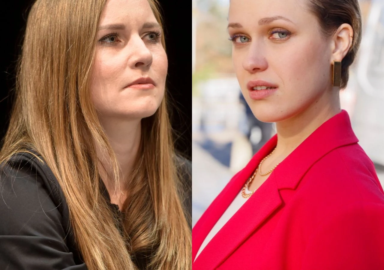 Dorota Masłowska, Helena Englert Dwie kobiety, jedna ubrana na czarno, druga w czerwonej marynarce, stoją obok siebie, obie patrzą w stronę aparatu, każda z innym wyrazem twarzy. Zbliżenie na ich sylwetki, tło rozmyte.