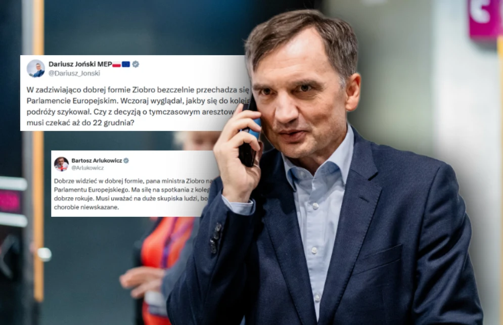 Mężczyzna w garniturze rozmawia przez telefon komórkowy, w tle rozmazana sylwetka kobiety oraz dwa widoczne tweety z komentarzami politycznymi dotyczącymi sytuacji w Parlamencie Europejskim.