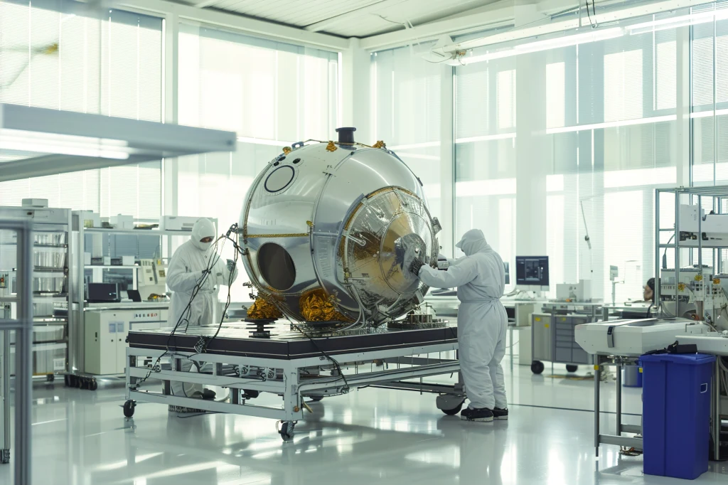 Nowe prawo kosmiczne ma uporządkować działalność np. twórców satelitów Dwie osoby w białych kombinezonach ochronnych pracują przy dużym metalicznym urządzeniu w nowoczesnym, jasnym laboratorium, wokół znajdują się różnego rodzaju aparatura i narzędzia laboratoryjne.