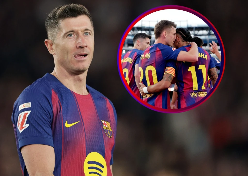 Piłkarz w stroju FC Barcelony na pierwszym planie, w tle okrągłe wstawienie z grupą zawodników tej samej drużyny obejmujących się podczas meczu.