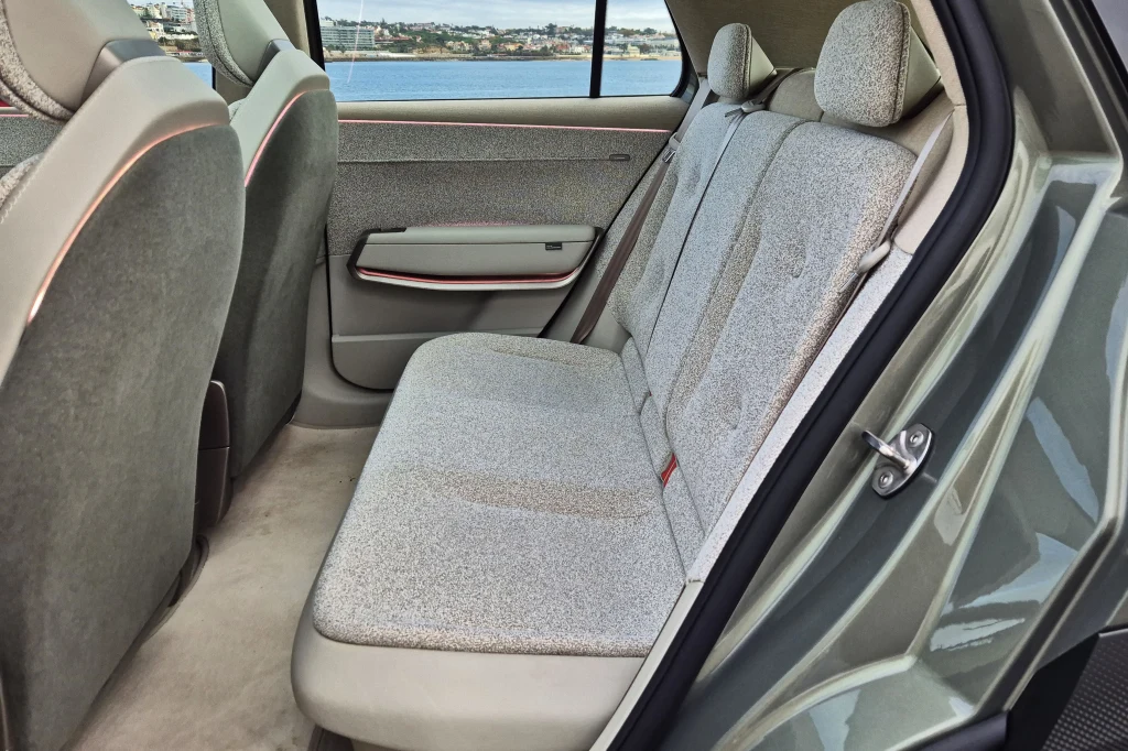 Tylny rząd siedzeń samochodu osobowego z jasnoszarymi tapicerkami, widok na siedzenia i drzwi, w tle przez okno widoczny fragment krajobrazu z wodą i zabudowaniami.