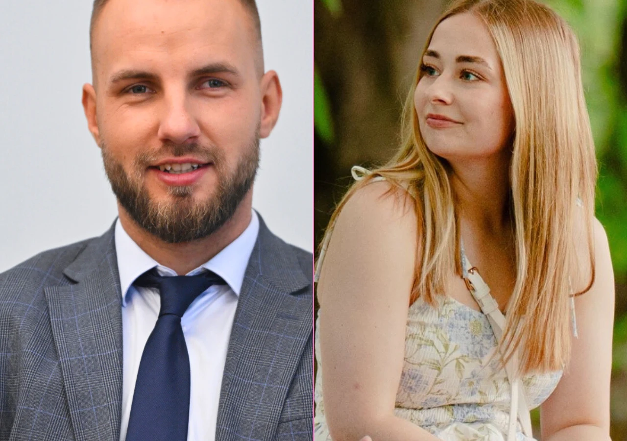 Arkadiusz i Julia w "Rolnik szuka żony" Po lewej stronie młody mężczyzna w garniturze z lekkim zarostem i krótkimi włosami, uśmiechający się do obiektywu. Po prawej stronie młoda kobieta o blond włosach, ubrana w letnią sukienkę, siedzi na ławce i patrzy lekko w bok, otoczona zielenią.